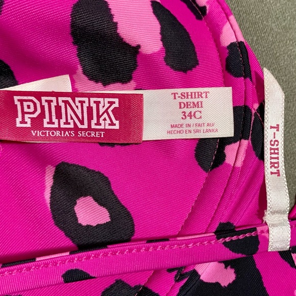 2 PINK Victoria’s Secret T Shirt Demi Bras Size 34C Pink Leopard Print & Gray - Picture 6 of 13